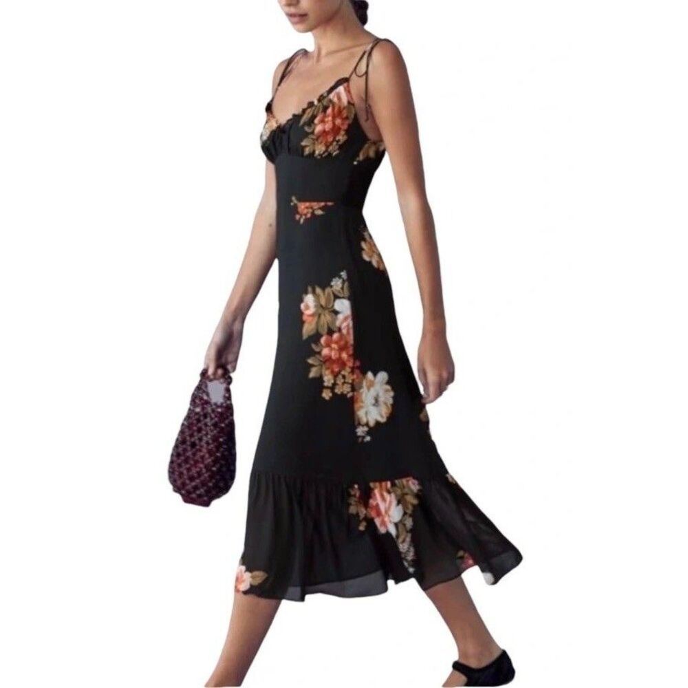 Reformation Dress Womens 12 Black Floral Juliette Tie Strap Ruffle Midi Viscose - Picture 2 of 9